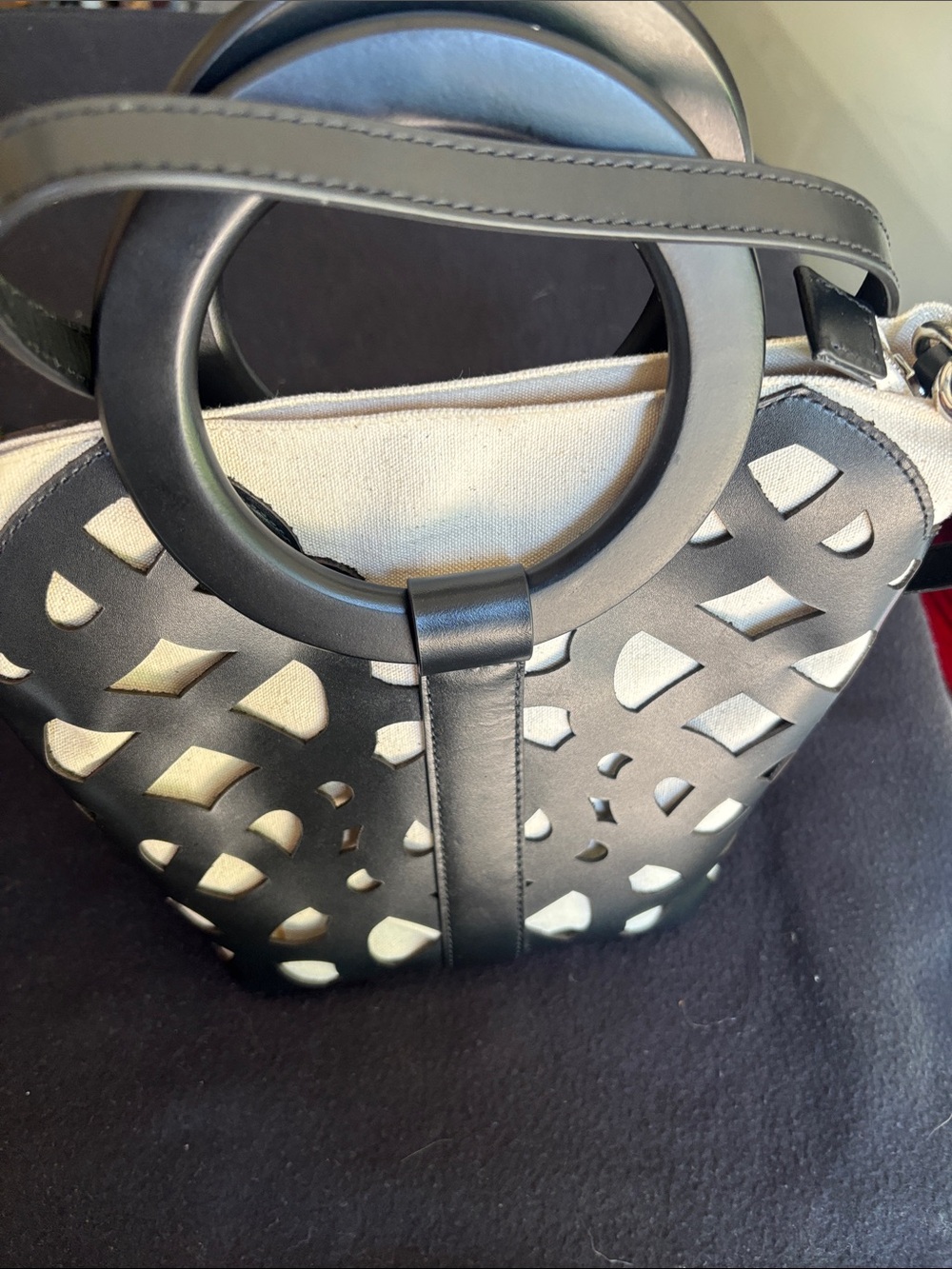 Women's Chicos Vintage Black Cutout Tote Bag with Cream Canvas Lining.